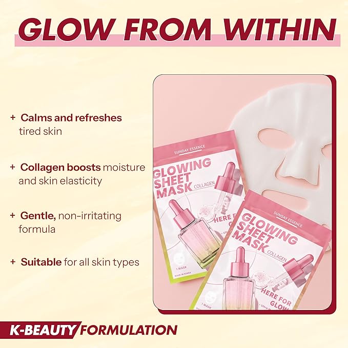 Collagen Face Mask For Glass Skin – Hydrating & Firming Sheet Mask For Dry & Tired Skin – Dermatologist Tested, Anti-Aging, Korean Skin Care– 95% Natural, Vegan, Clean Beauty – 5 Sheets