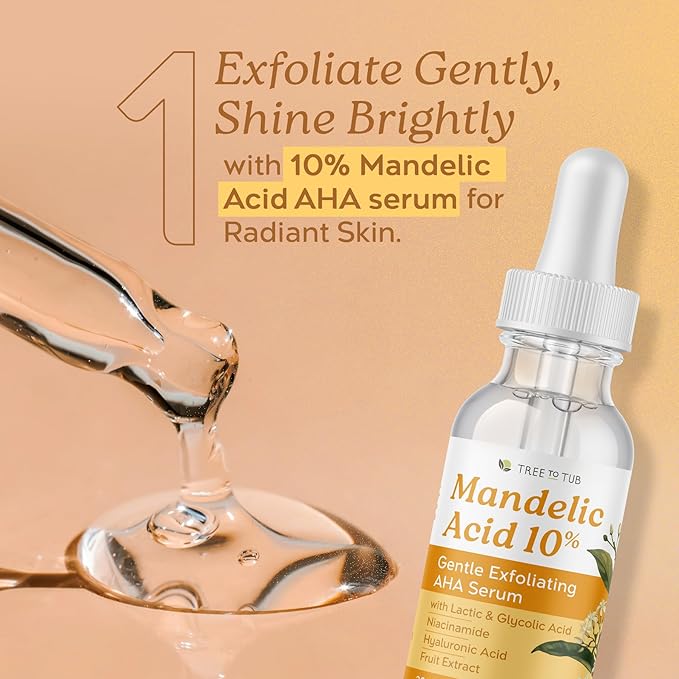 Tree To Tub Mandelic Acid Serum - 10% Gentle Exfoliating AHA Serum w/Lactic & Glycolic Acid for Smoother Skin - Hyaluronic Acid to Hydrate - Vegan Skincare for Men & Women