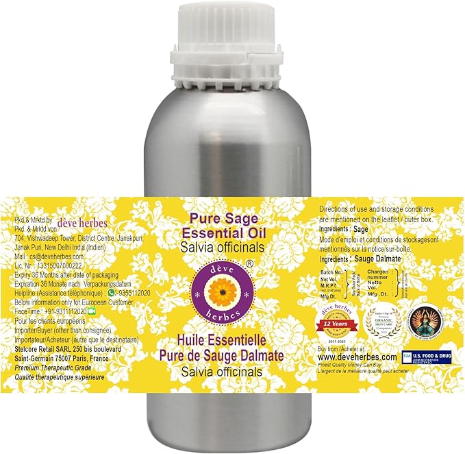 Deve Herbes Pure Sage Essential Oil (Salvia officinalis) Steam Distilled 300ml (10 oz)