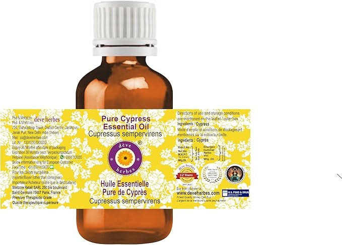 Deve Herbes Pure Cypress Essential Oil (Cupressus sempervirens) Steam Distilled (Pack of Two) 100ml X 2 (6.76 oz)