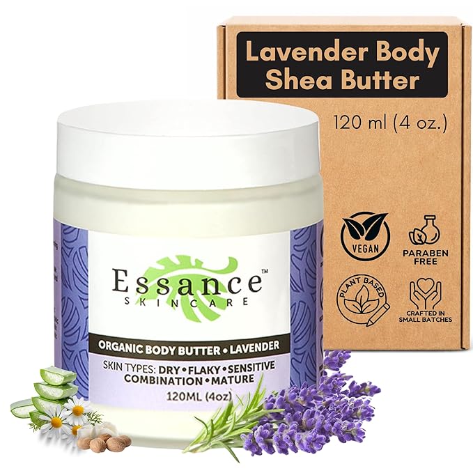 Essance Natural Lavender Body Butter 120mL | Shea Butter Raw Organic Cream for All Skins | Soft Body Cream for Hands, Feet, All Areas | Daily Body Cream for Women, Men