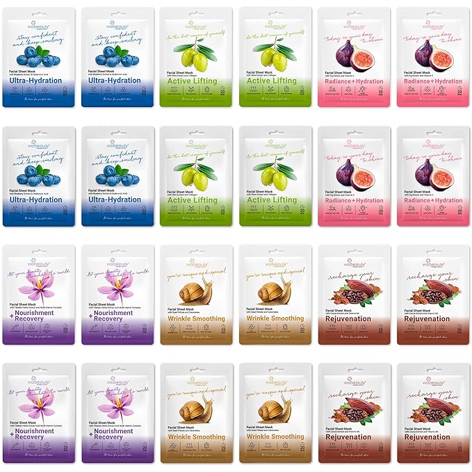 VIABEAUTY 24 Pack of Sheet Face Masks Skincare - Collagen Face Mask Sheets with Hyaluronic Acid, Vitamin C, Snail Mucin - Facial Sheet Mask for Hydrating, Rejuvenating, Moisturizing