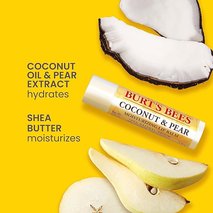Burt's Bees Lip Balm - Berry Agua Fresca, Dragonfruit Lemon, Coconut & Pear, Tropical Pineapple Pack, With Beeswax, Tint-Free, Natural Origin Lip Treatment, 4 Tubes, 0.15 oz.