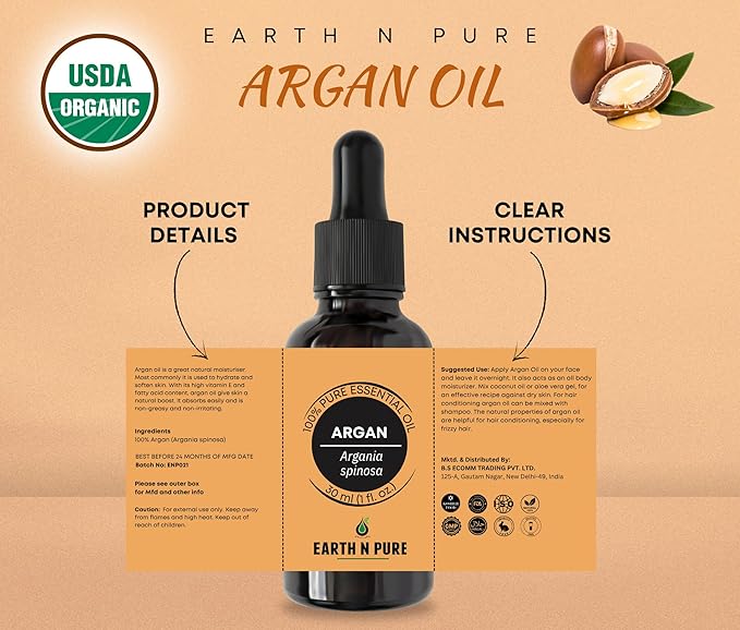 Earth N Pure Argan Oil for Hair Styling, Hair Growth, Hairfall Control - Natural and Therapeutic Grade 30 ml