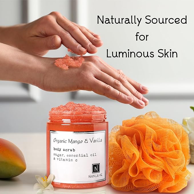 Organic Mango & Vanilla Body Scrub Made in USA with Essential Oil and Vitamin C by Nabila K - Exfoliate and Moisturize for Smooth Skin - Luxury for Women & Men, 10 oz