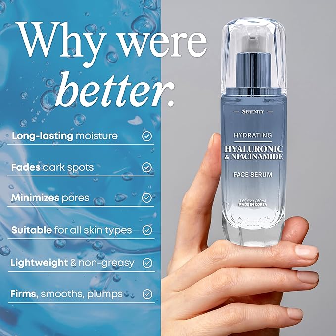 Serenity Dew Hyaluronic Acid & Niacinamide Face Serum - Dermatologist Tested Anti-Aging Korean Skin Care - Ultra Hydrating, Cools, Soothes & Improves Tone and Texture - Vegan Clean Beauty - 1.69 Fl Oz
