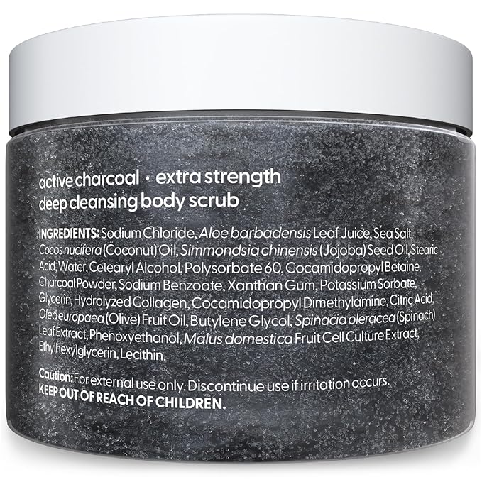 Exfoliating Charcoal Scrub with Collagen & Stem Cells – Salt Scrub for Body Toning, Cellulite, Armpit Detox, and Skin Smoothing for Face, Feet, and Body by M3