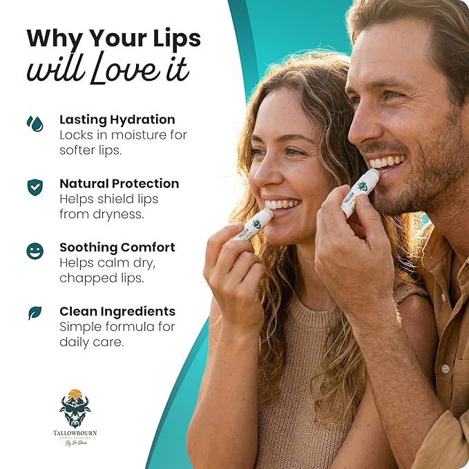 Moisturizing Tallow Lip Balm – Grass-Fed Beef Tallow with Organic Coconut Oil, Beeswax, and Vitamin E – Peppermint – Lip Balm Set – Travel Essential – 3-Pack