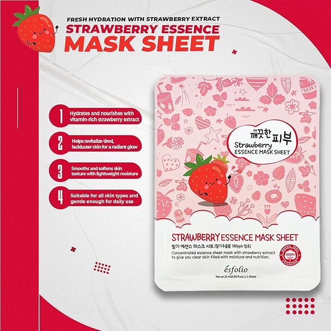 esfolio Strawberry Essence Mask – Hydrating Korean Sheet Mask with Strawberry Extract – Nourishing, Moisturizing, Skin Revitalizing Face Mask for Radiant, Smooth Skin (Pack of 10)