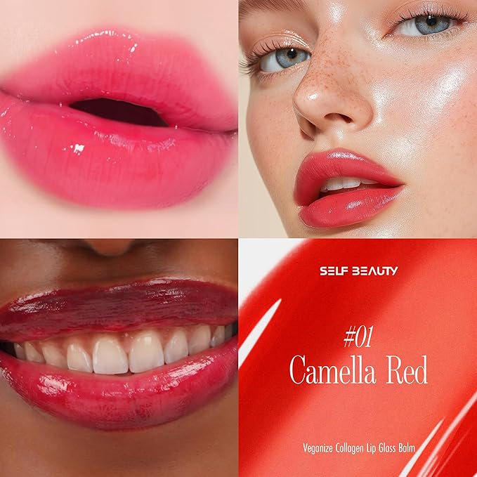self beauty Veganize Collagen Lip Glass Balm - Hydrating Lip w/Hyaluronic Acid - Vegan Korean Lip Balm Moisturizing Lip Care – Lip Gloss Repair for Dry Cracked Lips 0.06 oz (#1 Camellia Red)