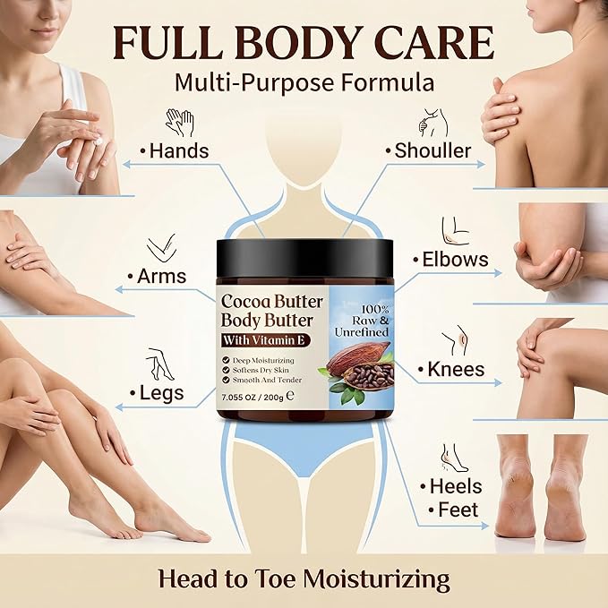 Grospe Cocoa Butter Body Butter for Women & Men 100% Raw & Unrefined Body Cream with Vitamin E Deep Moisturizing Body Lotion for Extremely Dry Skin Natural Daily Body Care Moisturizer - 7.05 Oz
