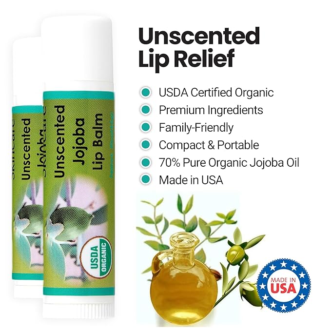 | USDA Organic Unscented Lip Balm – 70% Jojoba Oil with Beeswax – Fragrance-Free, Gentle Formula for Sensitive Lips – 2-Pack (0.15 oz / 4.6 g Each)