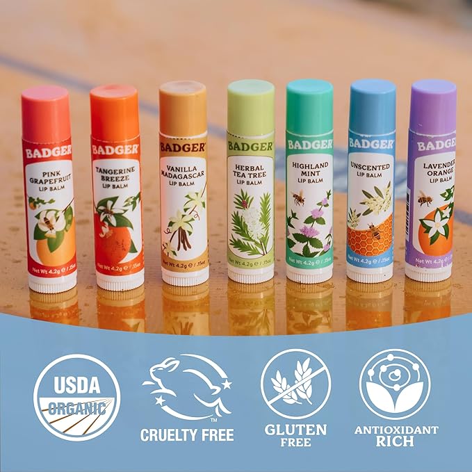 Badger Unscented Classic Lip Balm, 100% Organic Lip Balm for Sensitive Lips, Long Lasting Lip Moisturizer w/Light Silky Texture, 4 Pack