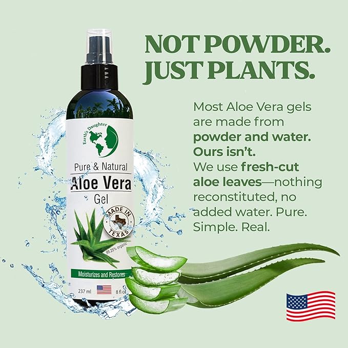 Earth's Daughter Premium Organic Aloe Vera Gel from Fresh Cut 100% Pure Organic Aloe leaves – TopQuality Fast Absorbing for Face, Skin, Hair & Body – Vegan, Unscented, Natural - 8 Oz USA Made