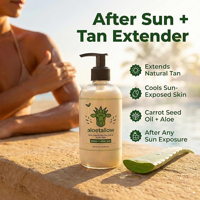 Beef Tallow Body Lotion with Aloe Vera - Grass-Fed Moisturizer for Dry Sensitive Skin, Face and Body - Non-Greasy After Sun Tan Extender, 8oz Pump