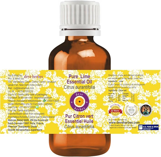 Deve Herbes Pure Lime Essential Oil (Citrus aurantifolia) with Glass Dropper Steam Distilled 10ml (0.33 oz)