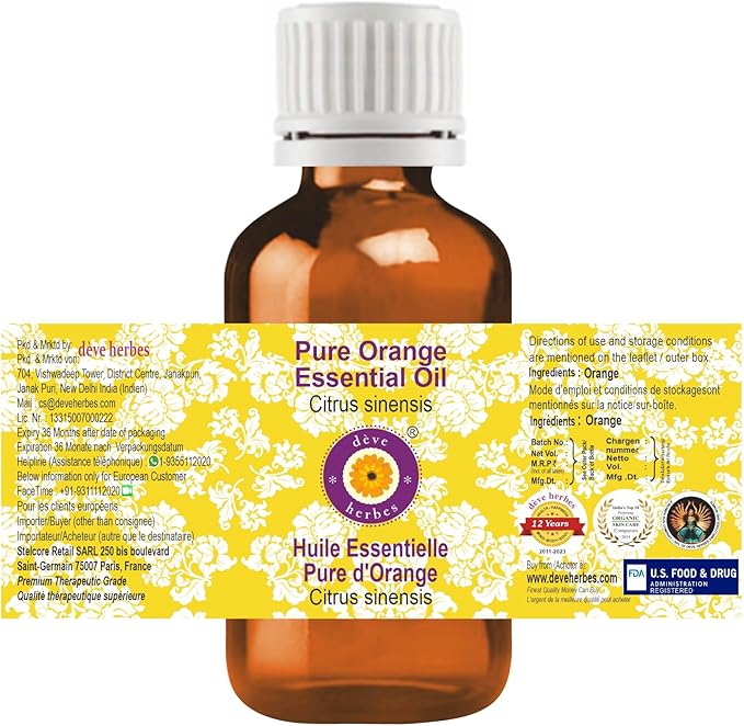 Deve Herbes Pure Orange Essential Oil (Citrus sinensis) Steam Distilled 2ml (0.06 oz)
