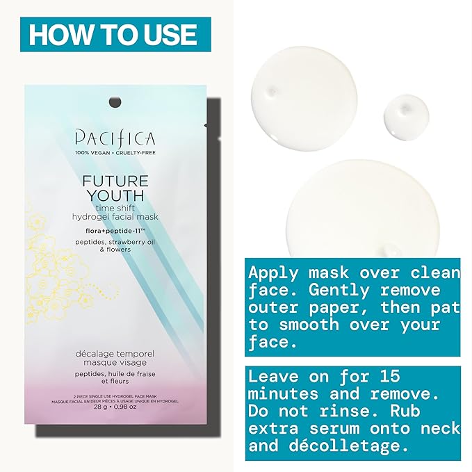 Pacifica Future Youth Time Shift Hydrogel Facial Mask - 12-PACK - Multi-Peptide Anti-Aging Sheet Mask for Firming & Plumping, Ultra-Hydrating Serum-Infused Mask for Face & Neck, 100% Vegan