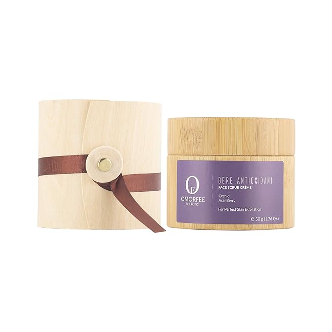 OMORFEE Organic Berè Antioxidant Face Scrub Crème | Organic Face Scrub | Acai Berry, Orchid, Plant Cellulose Beads, Turmeric, Blueberry | 50 Grams / 1.76 Oz.