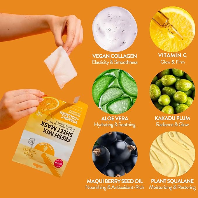 By Nature POP + BLEND Fresh Mix Vitamin C Collagen Sheet Mask – DIY Facial Treatment for Firming & Hydrating Skin with Kakadu Plum & Vitamin E – Pack of 12
