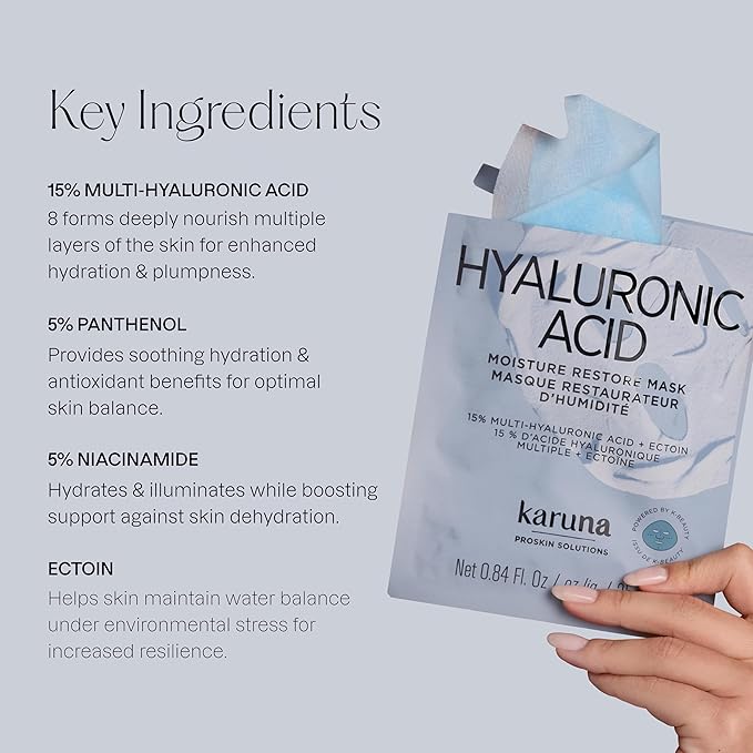 Karuna Hyaluronic Acid Moisture Restore Sheet Mask 4-Pack – 15% Multi-Hyaluronic Acid, 5% Niacinamide & Ectoin – Deep Hydration & Plumping K-Beauty Face Mask for Dry Skin – Clean, Vegan & Cruelty-Free