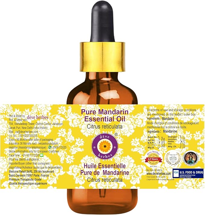 Deve Herbes Pure Mandarin Essential Oil (Citrus reticulata) with Glass Dropper Steam Distilled 50ml (1.69 oz)