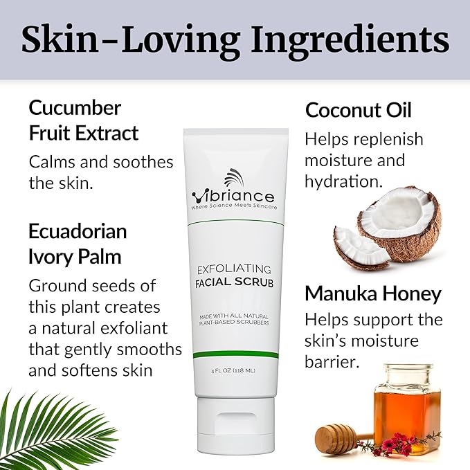 Vibriance Ultra-Gentle Face Scrub, 4 fl oz - Exfoliating Facial Wash Unclogs Pores - Sulfate and Paraben-Free Exfoliator For All Skin Types - Made with Natural Ingredients