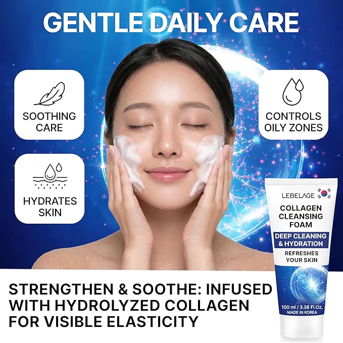 LEBELAGE Korean Collagen Facial Cleanser 3.38 oz | Cleansing Foam Face Wash | Low pH Gentle Hydrating Daily Facial Cleanser Sensitive Skin | Deep Cleansing Foaming Cleanser, Pore Care-All Skin Types