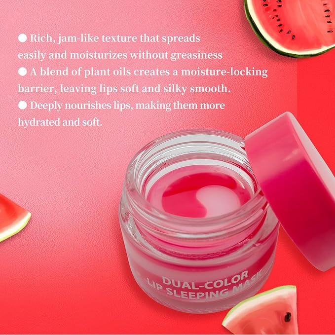 MOND'SUB Lip Sleeping Mask,Overnight Dry Damaged Lip Nourishment,Moisturizer for Plump, Smooth Lips,Hydrating Lip Balm Care with Fruit Extracts,Dual-Color Watermelon & Cherry