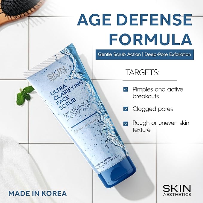 Skin Aesthetics Face Scrub with Hyaluronic & Salicylic Acid – Deep Cleansing, Hydrating & Exfoliating Face Wash For Blackheads & Acne-Prone Skin – Dermatologist Tested, Korean Skin Care – 6.76 Fl Oz