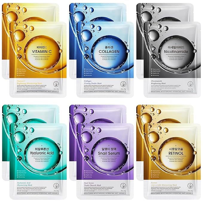 12 Pack Sheet Face Masks Skincare, Mothers Day Gifts, Collagen Face Mask Hyaluronic Acid Hydrating Face Sheet Masks, Vitamin C Face Masks for All Skin Types, Moisturizing, Brightening, Anti-Aging