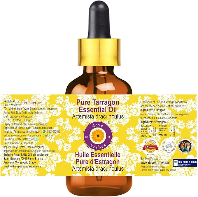 Deve Herbes Pure Tarragon Essential Oil (Artemisia Dracunculus) with Glass Dropper Steam Distilled 5ml (0.16 oz)