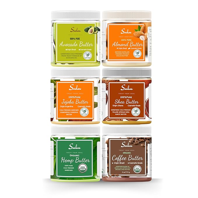 SULU ORGANICS Set of 6 Cold Pressed Body Butters ideal gift set for any occasion, contains: Avocado Butter,Almond Butter, Hemp seed Butter, Coffee Bean Butter, Shea Butter Unrefined, Jojoba Butter