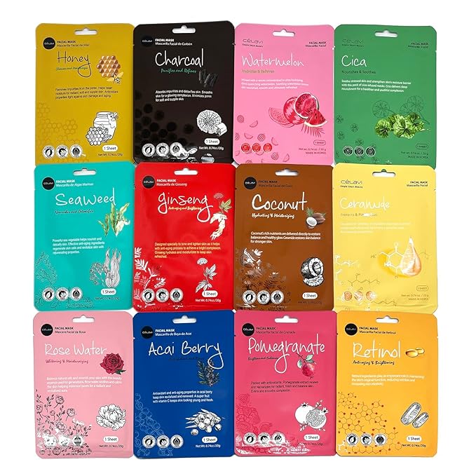 Celavi K-Beauty Skincare Essence Facial Face Mask Korea Skin Care Moisturizing B Set 12 Pack