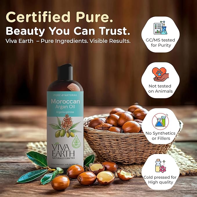 Argan Oil of Morocco – 100% Pure Cold Pressed Argan Oil for Hair, Face & Body – Lightweight Deep Moisturizing Oil for Dry, Damaged Hair & Skin – 8 Fl Oz – Aceite de Argan