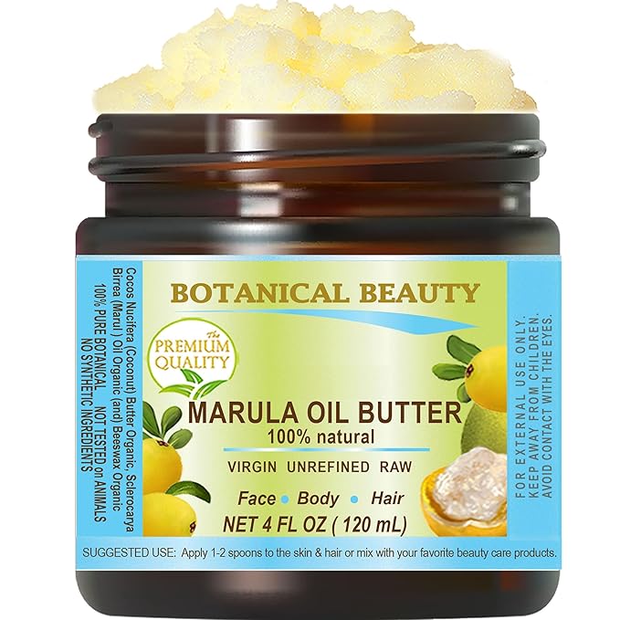 Botanical Beauty MARULA OIL BUTTER RAW VIRGIN UNREFINED for Face, Body, Hair, Lip, Nails, Dry Skin, Cracked Hands, Rosacea, Eczema, Rashes, Itchiness, Redness, Anti-Aging (4 Fl Oz)
