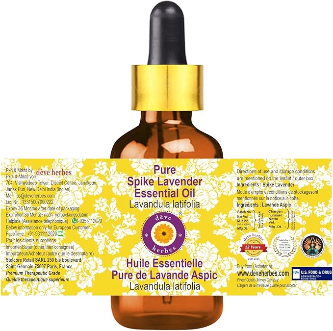 Deve Herbes Pure Spike Lavender Essential Oil (Lavandula latifolia) with Glass Dropper Steam Distilled (Pack of Two) 100ml X 2 (6.76 oz)