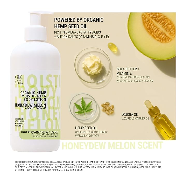 Organic Hemp Moisturizing Body Lotion, Body Lotion for Extremely Dry Skin, Hemp Lotion for Women and Men, Hemp Cream for Hands and Body, Honeydew Melon Scent, 16 fl oz.