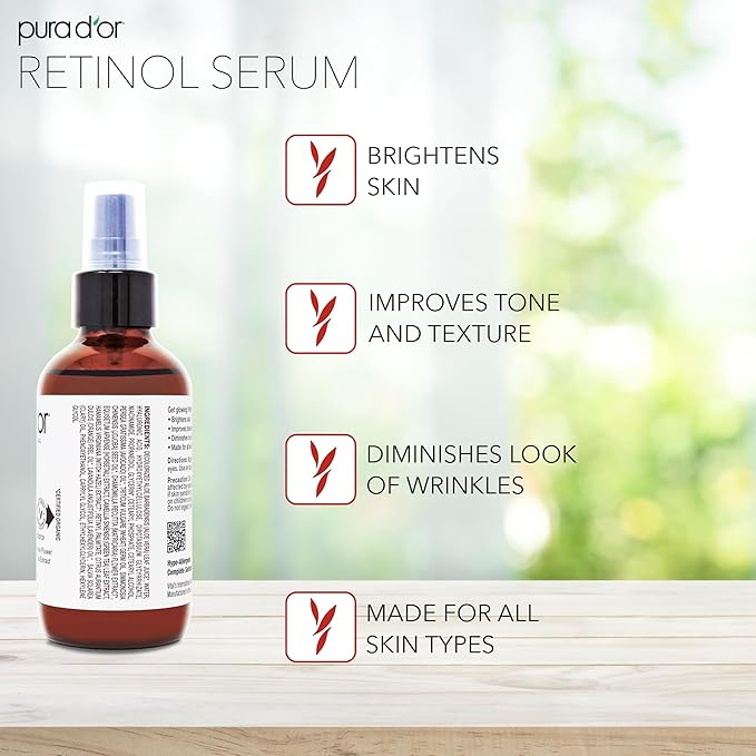PURA D'OR Retinol Serum Nighttime Facial Skincare – 3.3 oz Overnight Treatment Featuring Aloe Vera Botanical Extracts, Lightweight Fast-Absorbing Hydration for Smoother-Looking Texture, Tone, Radiance