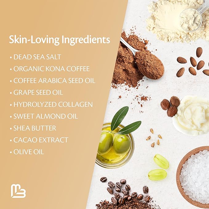Arabica Coffee Scrub for Hands, Feet, and Body, Exfoliating Scrub with Collagen and Stem Cells, Face Cleanser for Cellulite, Fine Lines, and Stretch Marks, 12oz (1 Pack) by M3