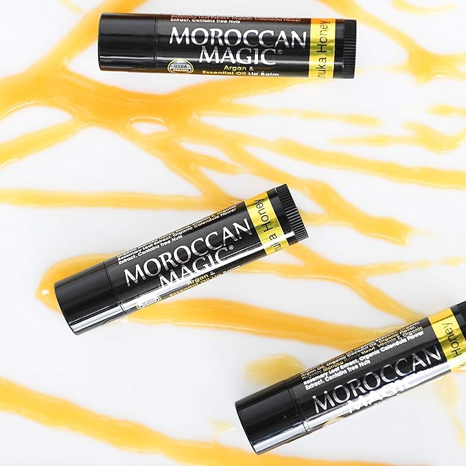 Moroccan Magic Organic Manuka Honey Lip Balm 3 Pack | Ultra-Hydrating Argan & Essential Oil Lip Moisturizer + Vitamin E | Natural Chapstick for Dry Lips | Smooth, Non-Toxic | Organic Lip Balm