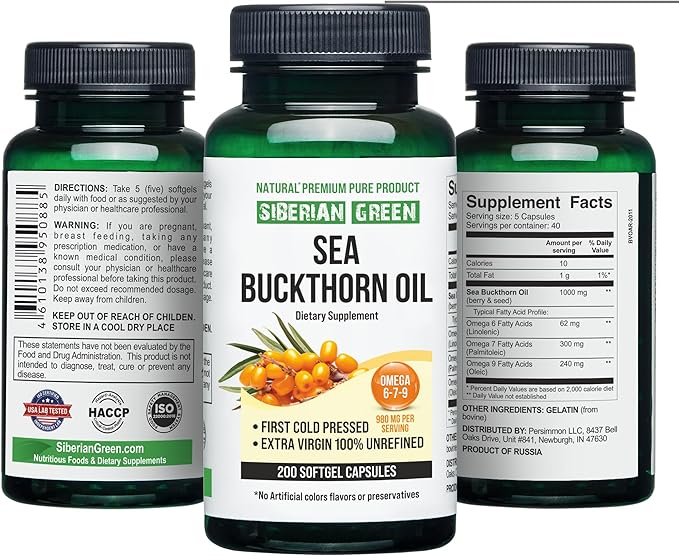 Siberian Sea Buckthorn Oil Capsules 200 Softgels | from Wild-harvested Siberian Sea Buckthorn Berries | Oil Cold Pressed Unrefined Gluten Free Non-GMO Premium Omega 7