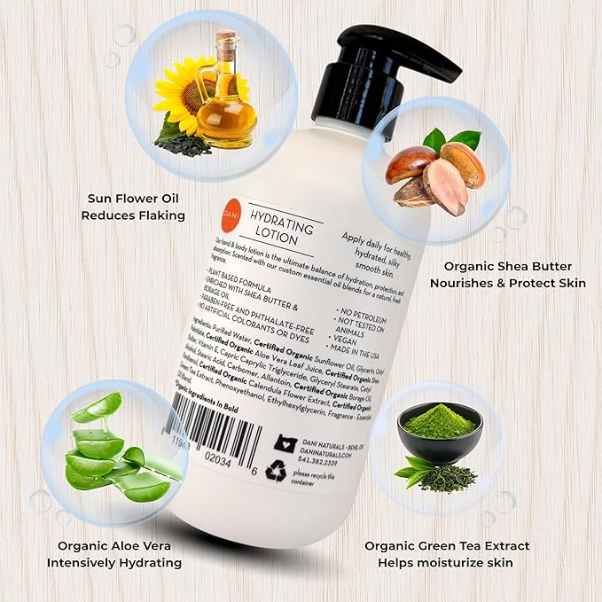 DANI Naturals Grapefruit Ginger Hydrating Lotion, Vegan, Paraben-Free, Made with Organic Ingredients, 12 fl oz
