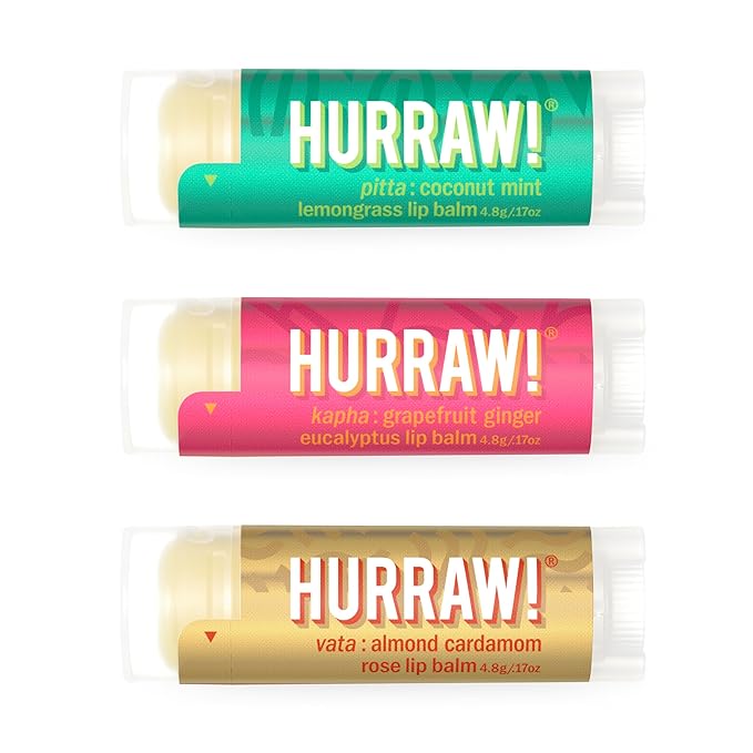 Hurraw! Pitta (Coconut, Mint, Lemon Grass), Kapha (Grapefruit, Ginger, Eucalyptus), Vata (Almond, Cardamon Rose) Lip Balms, 3 Pack Bundle: Organic, Certified Vegan, Cruelty, Gluten Free, 100% Natural
