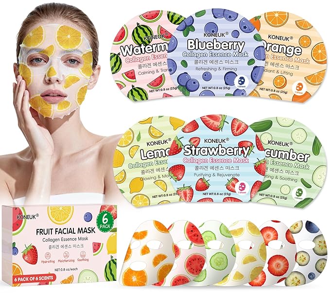 KONEUK 6 Pack Colorful Fruit Face Masks Skincare, Sheet Hydrating Face Mask, Collagen Facial Mask for Skin Care, Mothers Day Gifts for Mom, Bulk Teacher Gifts, Nurse Gifts and Spa Party Gifts