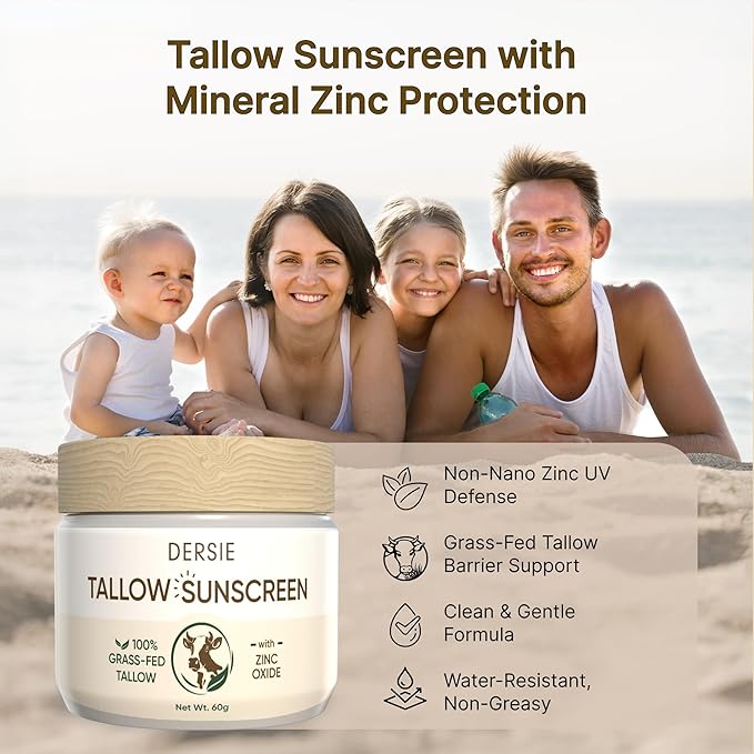 (Pack of 2) Dersie Tallow Sunscreen SPF 30 – Mineral UV Defense with Non-Nano Zinc Oxide – Face & Body Sun Protection for Adults & Kids – 100% Grass-Fed Beef Tallow for Moisture Retention (2.12 oz)