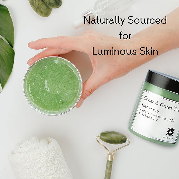 Ginger & Green Tea Body Scrub Made in USA with Essential Oil and Vitamin C by Nabila K - Exfoliate and Moisturize for Smooth Skin - Luxury for Women & Men, 3 oz