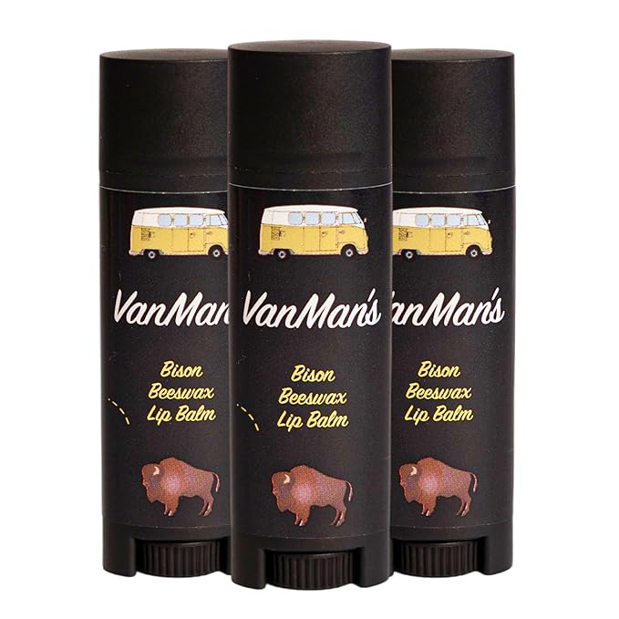 VanMan Beeswax Lip Balm Tube – Organic Bison Tallow Balm with Grass-Fed and Finished Tallow, Sweet Almond Oil, Lanolin, and Beeswax – Hydrating Moisturizer for Dry Lips – Bison – 3 Tube Pack