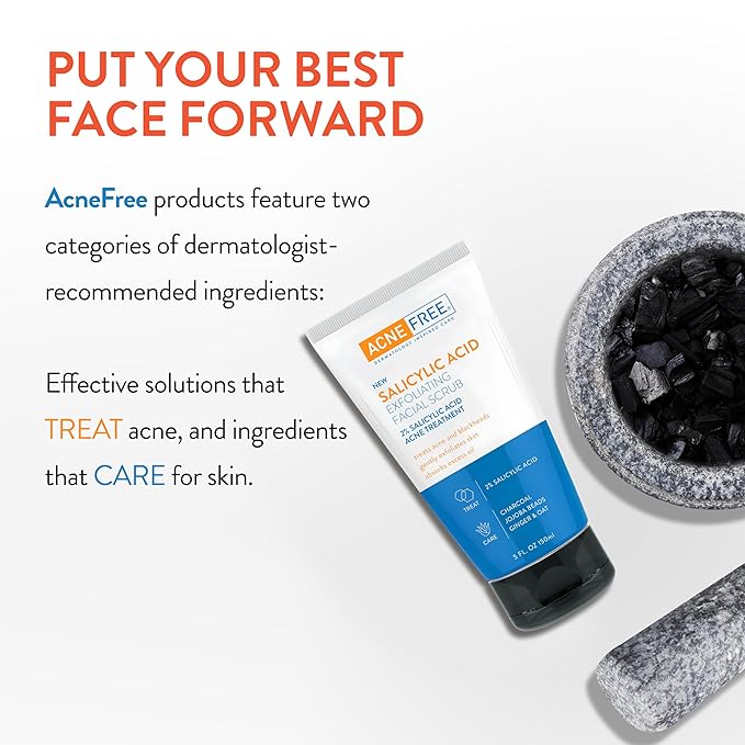 Acne Free Salicylic Acid Exfoliating Face Scrub, 2% BHA Blackhead Remover & Acne Treatment, Deep Cleanse with Charcoal & Jojoba Beads, Gentle Exfoliation with Ginger & Oats, 5 Ounce