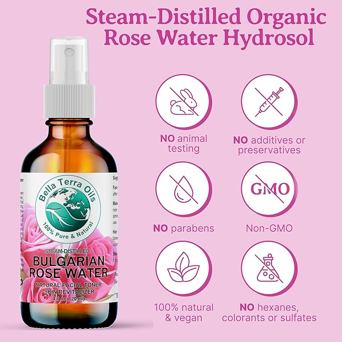 Bella Terra Oils - Rosewater Spray 16 oz - Embrace the Timeless Beauty of Pure Organic Rose Water, Ideal for Skin & Hair, Immerse in Natural Rose Fragrance